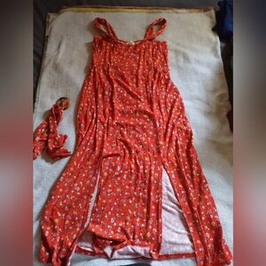 Mason & Belle Floral Red Maxi Dress with Matching Belt/Size Small